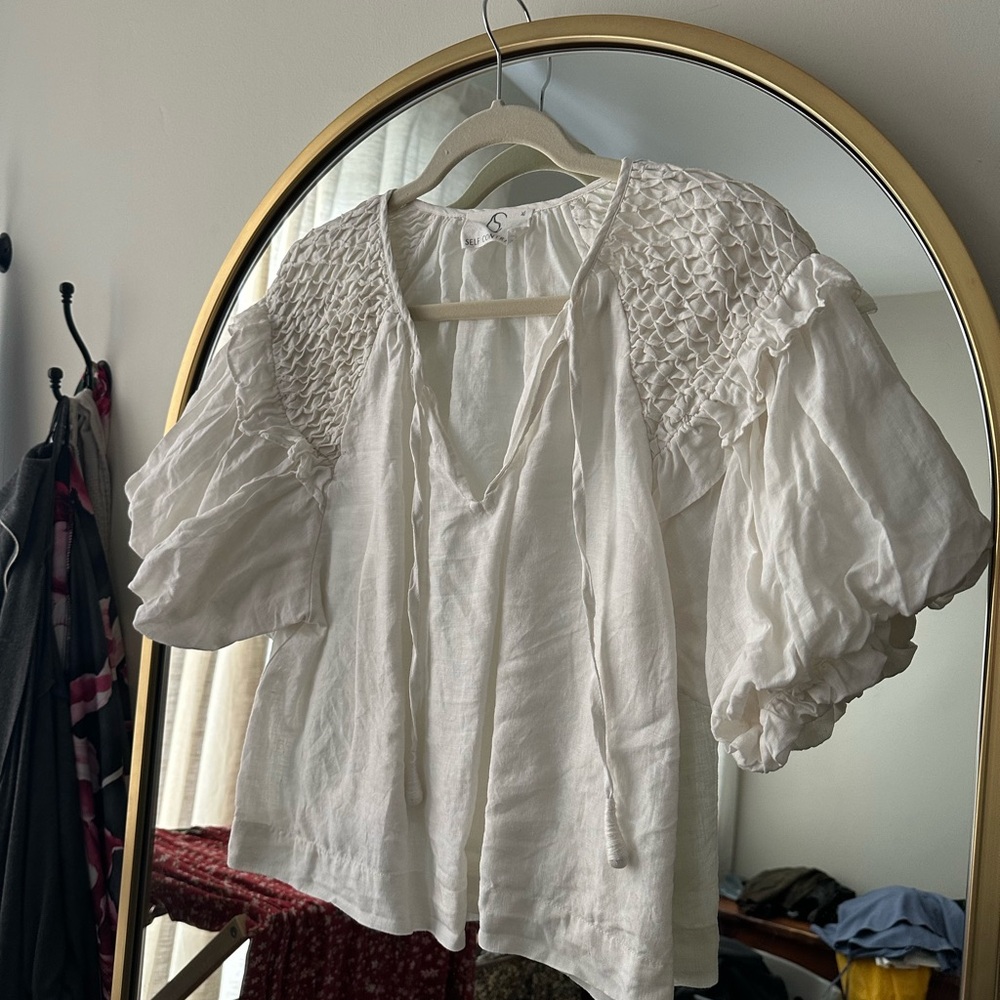 Anthropologie Self Contrast Smocked Linen Blouse - Picture 4 of 8